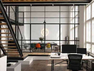 Desk and glass wall in the studio, Berlin